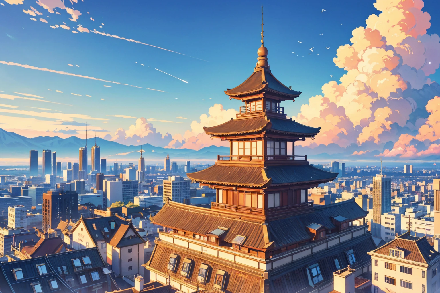 (illustration : 1.0), grand element, realistic light, HD details, Masterpiece, best quality best, (8k wallpapers that include highly detailed CGs.) , sky, Within Tokyo city