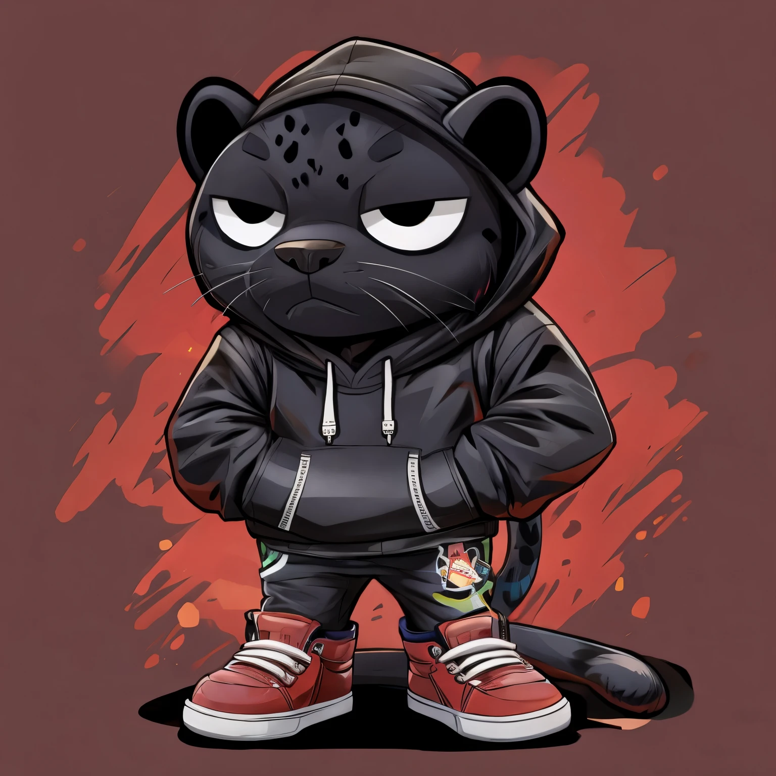 A cool Black Leopard wearing black hoodie, hands in pockets, black pants, black sneaker