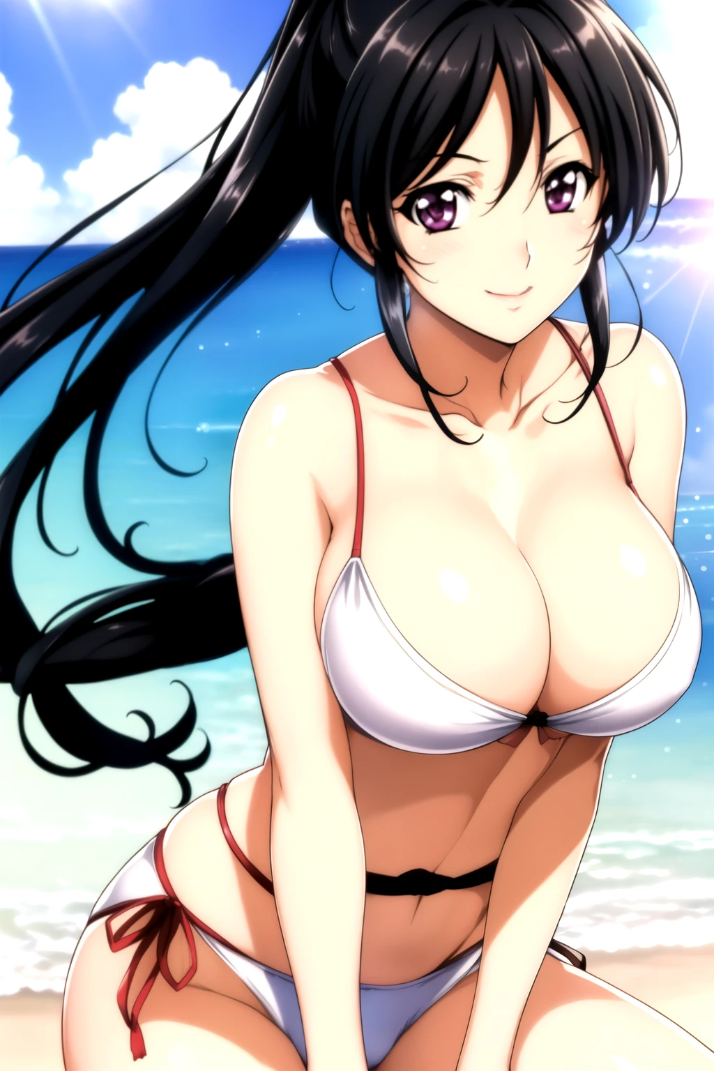 比基尼,Beach,Sunlight, Black Hair, bow, Weaving,Long hair,Purple Eyes,1 girl, 20 years old,Young women,beautiful Finger,beautiful long legs,beautiful Body,beautiful Nose,beautiful character design, Perfect eyes, perfect Face,Expressive eyes, Looking at the audience, In the center of the image,(superior_Body),(Focus on her Face), Official Art,Extremely detailed CG unity 8k wallpaper, Perfect lighting,rich and colorful, bright_front_Face_light,Glowing skin, (masterpiece:1.0),(the best_quality:1.0), 超high resolution,4K,Extremely detailed, photography, 8K, Human Development Report, high resolution, absurd:1.2, Kodak Portra 400, Film Grain, Blurred background, Bokeh:1.2, lens flare, (Energetic_color:1.2) (beautiful_breast:1.3), (beautiful_Face:1.5),(narrow_waist), smile, happy, 比基尼, full body