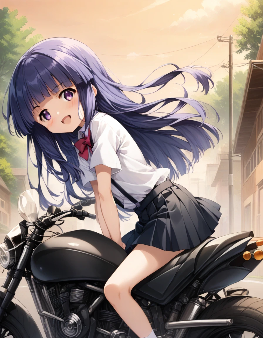 score_9, score_8_up, score_7_up, score_6_up, source_anime,,,,1girl, solo, furude rika, (tween:1), kawaii, blue hair, purple eyes, long hair, blunt bangs, bangs, bow, skirt, shirt, suspenders, smile, short sleeves, pleated skirt, white shirt, open mouth, red bow, ^_^, suspender skirt, , black skirt, collared shirt, blush, bowtie, blunt bangs, dress shirtt, ,  anime coloring.serious,(a girl riding a motorcycle at full speed:1.5),(from side,side view),,,(serious expression:1.5)、Gripping the handlebars