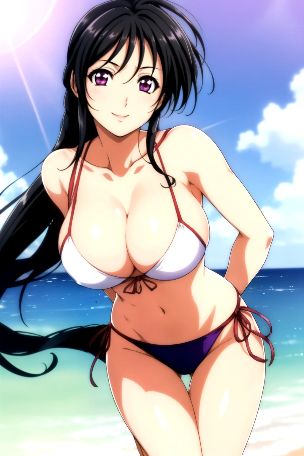 比基尼,Beach,Sunlight, Black Hair, bow, Weaving,Long hair,Purple Eyes,1 girl, 20 years old,Young women,beautiful Finger,beautiful long legs,beautiful Body,beautiful Nose,beautiful character design, Perfect eyes, perfect Face,Expressive eyes, Looking at the audience, In the center of the image,(superior_Body),(Focus on her Face), Official Art,Extremely detailed CG unity 8k wallpaper, Perfect lighting,rich and colorful, bright_front_Face_light,Glowing skin, (masterpiece:1.0),(the best_quality:1.0), 超high resolution,4K,Extremely detailed, photography, 8K, Human Development Report, high resolution, absurd:1.2, Kodak Portra 400, Film Grain, Blurred background, Bokeh:1.2, lens flare, (Energetic_color:1.2) (beautiful_breast:1.3), (beautiful_Face:1.5),(narrow_waist), smile, happy, 比基尼, full body