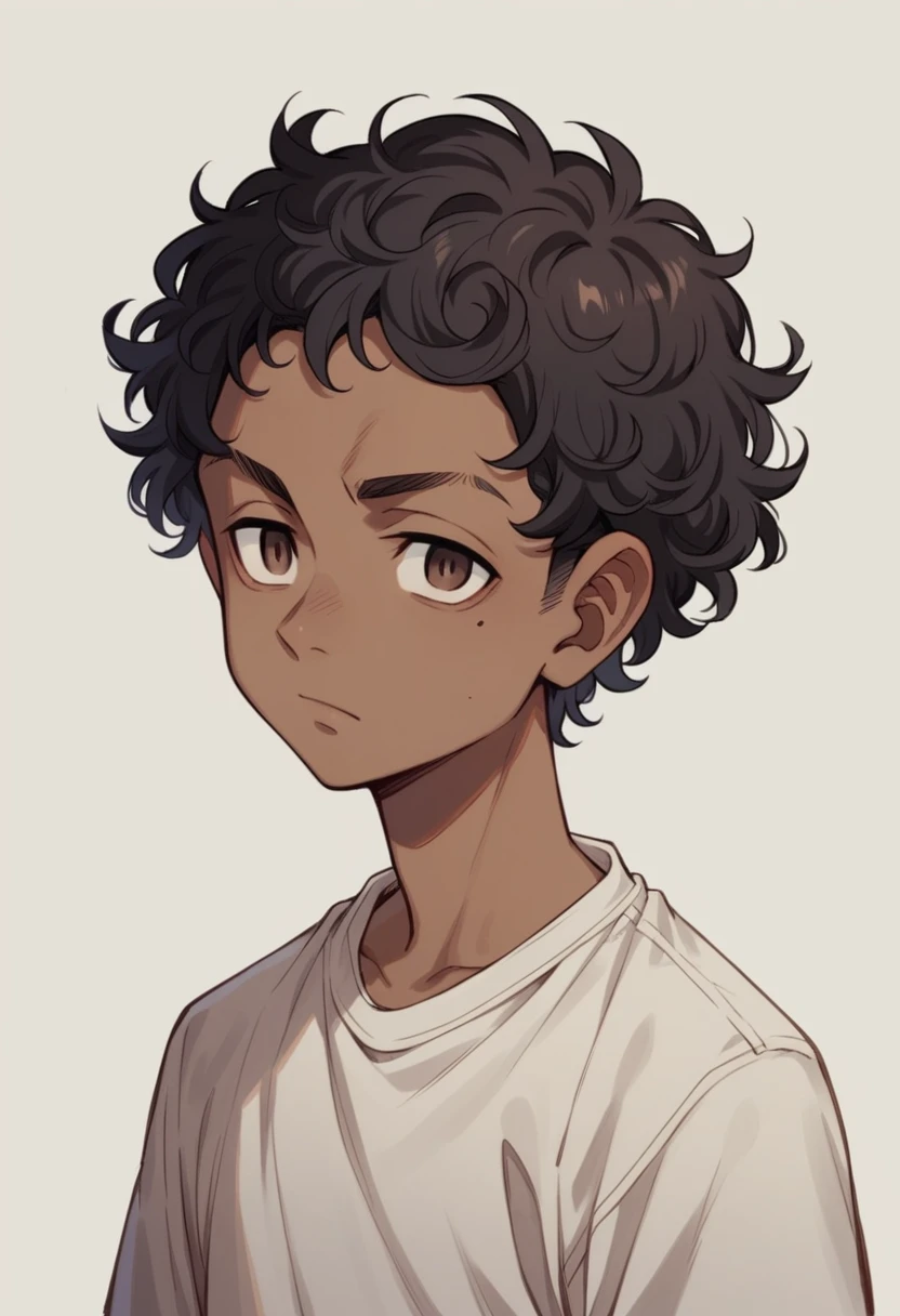 young woman. Dark skin. Dark brown almost black hair. curly hair. Brown eyes. slanted eyes. mole on right cheek. attractive. he would be. Casual clothes. 