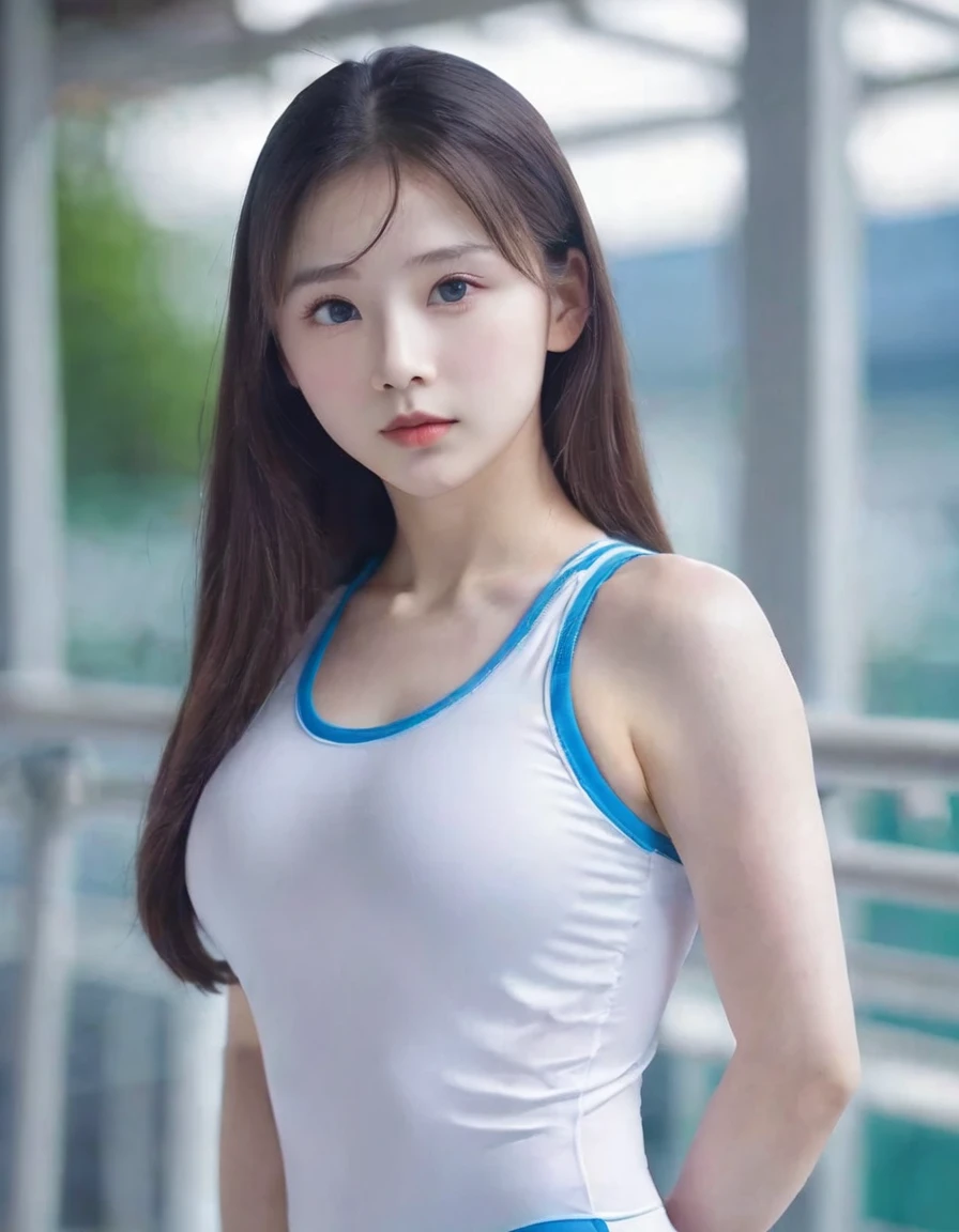 1 Girl, Beautiful, Baby Face, 18 Years Old, White Skin, Colossal Breast, Gymnastic Pose, ((White Tight Gymnastic Outfit)), Blue Eye, ((Muscles:1.1)), ((Bokeh:1.2)), Gymnastic Olympic Background