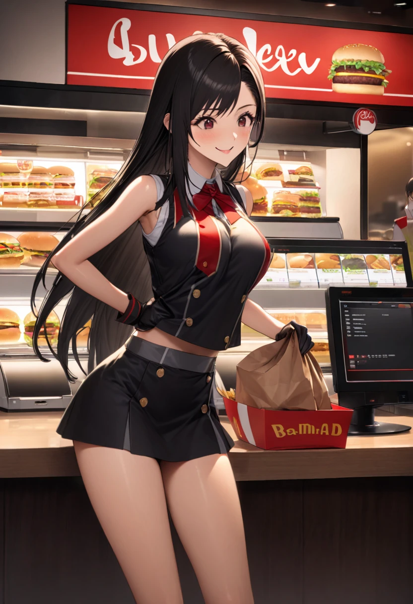 Highest quality, Super quality, 16K, Incredibly absurd, Very detailed, delicate and dynamic, SFW, Natural light, , Diffuse reflection of light, Vortex of Light, In-store pop, , Fast food restaurants, McDonald, hamburger, Sparkling, Create amazing image effects, cash register, Upper body close-up, (cute sexy girl, , sexy long legs, hamburgerショップの店員, Sensual expression, fine, Active, smile, cash registerで接客, paper bag, Busy, , black long hair, hamburgerショップのUniform, Store clerk uniform, hamburgerショップ店員の帽子をかぶる, Tifa Lockhart Final Fantasy VII )