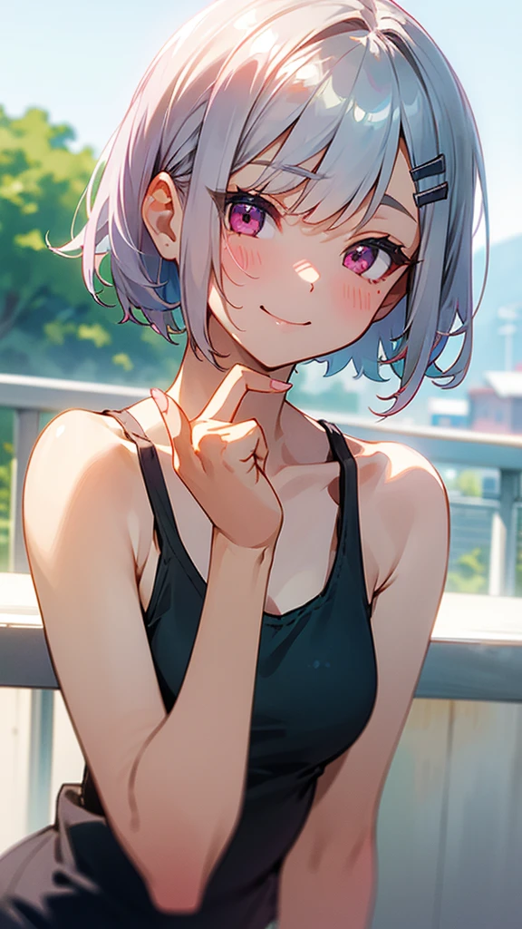 1girl、Short silver bob hair held together with a hair clip, Pink Eyes、smile、I really like it、Tank top、Upper body close-up、Morning Cafe Terrace、Background Blur, Written boundary depth