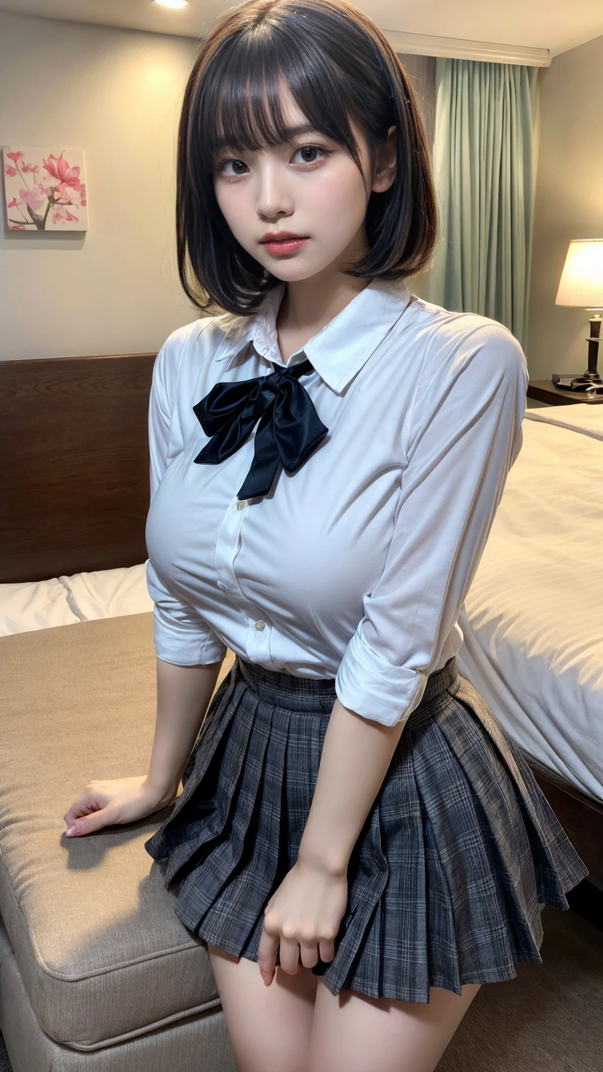 masterpiece, best quality, illustration, Super detailed, fine details, High resolution, 8K,wall paper, perfect dynamic composition,(Details High quality, realistic depiction of eyes:1.3), standing, (collared shirt:1.1), pleated skirt, short bob hair、black hair color, Big Natural Color Lip, bold sexy pose, crying a little、Harajuku style、acrobatic pose, 20 year old girl、cute type、lolita、beautiful legs, hotel room, gravure idol, huge breasts, Don't expose it