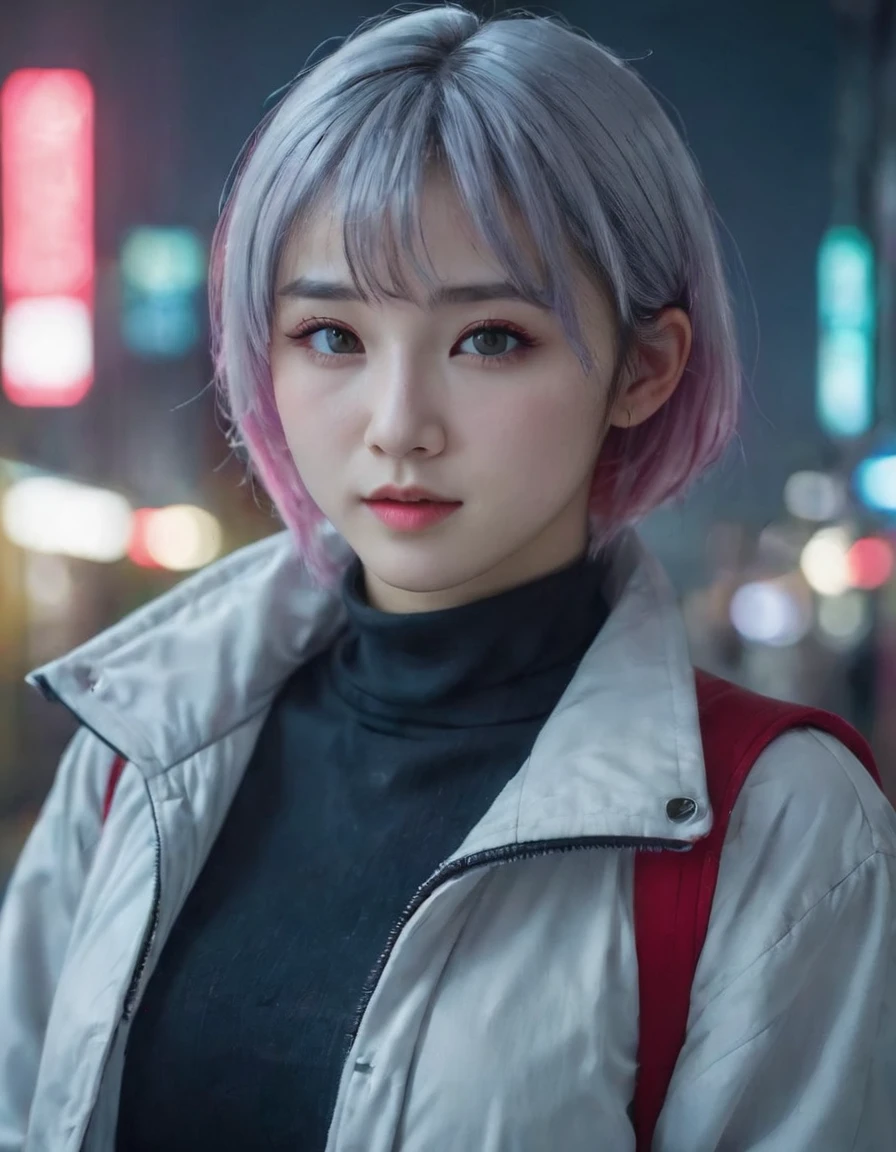 lucy \(cyberpunk\), 1girl,  hair scrunchie, hime cut, silver hair, colored tips, full moon, grey eyes, jacket, long sleeves, looking at viewer, medium hair, multicolored hair, parted bangs, parted lips, pink hair, portrait, red eyeliner, red lips, solo, white jacket, cyberpunk \(series\), rainy night in a cyberpunk city with glowing neon lights