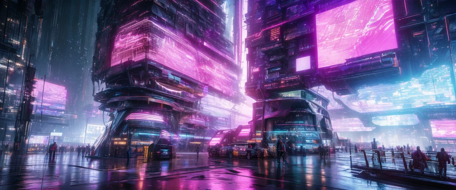 (best quality,4k,8k,highres,masterpiece:1.2),ultra-detailed,(realistic,photorealistic,photo-realistic:1.37),futuristic cyberpunk landscape,glowing purple neon lights,advanced technology,holographic displays,floating city,skyscrapers,cyberpunk architecture,metallic structures,digital wireframe,abstract patterns,cinematic lighting,dramatic shadows,vibrant colors,moody atmosphere