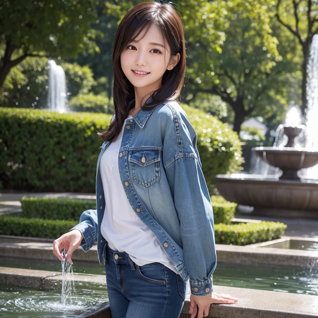HD detailed, Super detailed, Realistic,Hyperrealism,Best image quality、Highest quality、masterpiece、Ultra-high resolution、8K、immature、Like the picture:1.5、Professional Lighting、Park fountain、Young Japanese Woman,Stylish、、Slender、、A kind smile、Wear a long-sleeved denim shirt and jeans、Soaked clothes、Damp clothes、View from the side