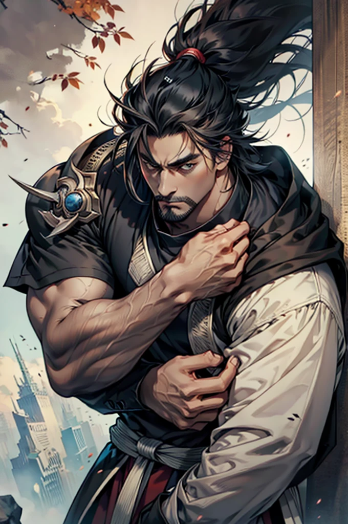dark man, Cao Cao, black hair, eyes browns, stark, with casual clothes