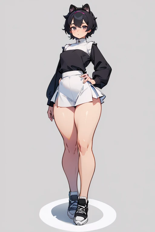 blank background, (((whole body))), (Masterpiece), ((Best Quality)), (very short girl), flat chest, two short tails, (Wide hips:1.4), (thick thighs:1.4), (very short skirt), toeless shoes