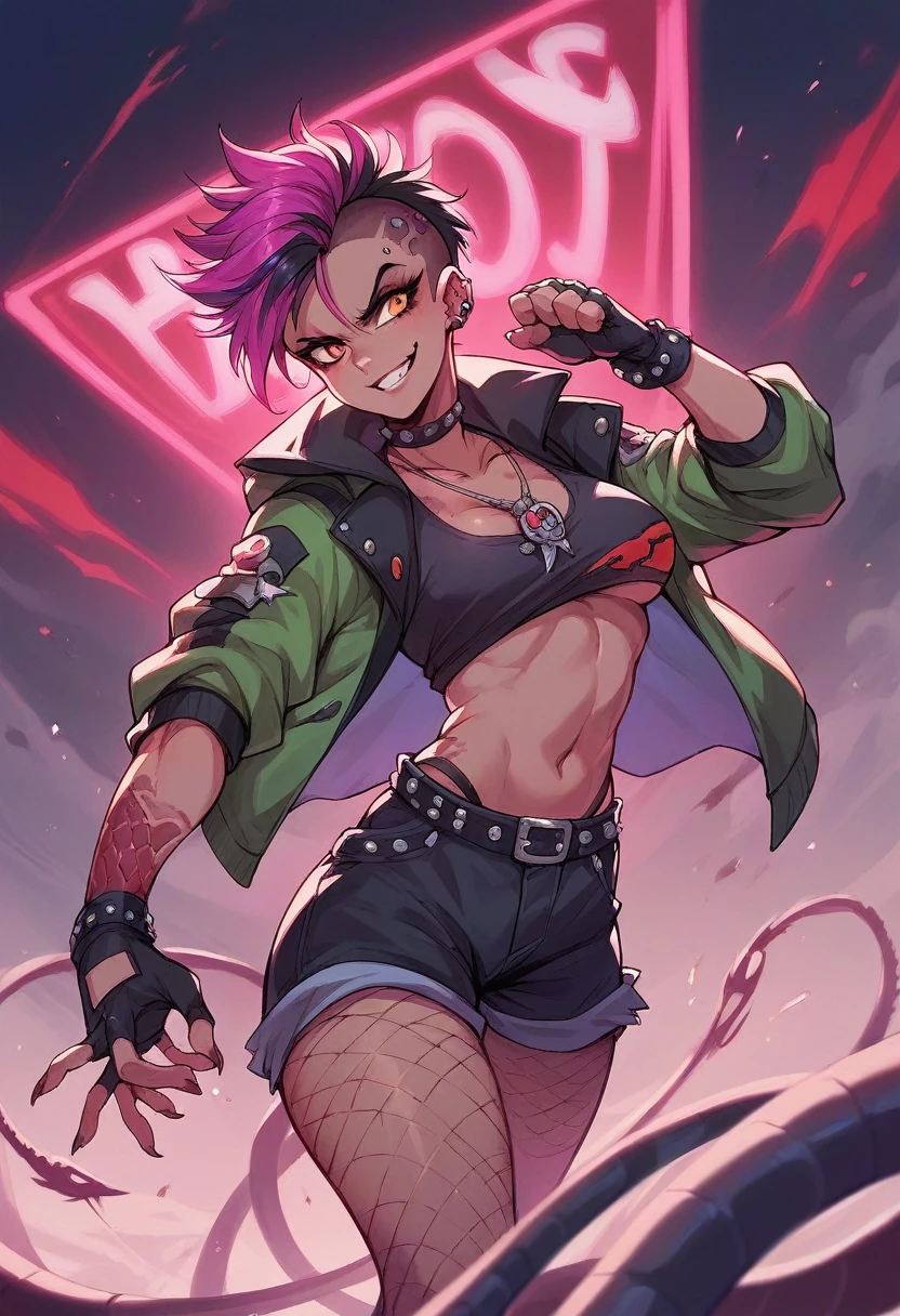 high qualiy, scorpion fighting snake in neon setting/cyber punk