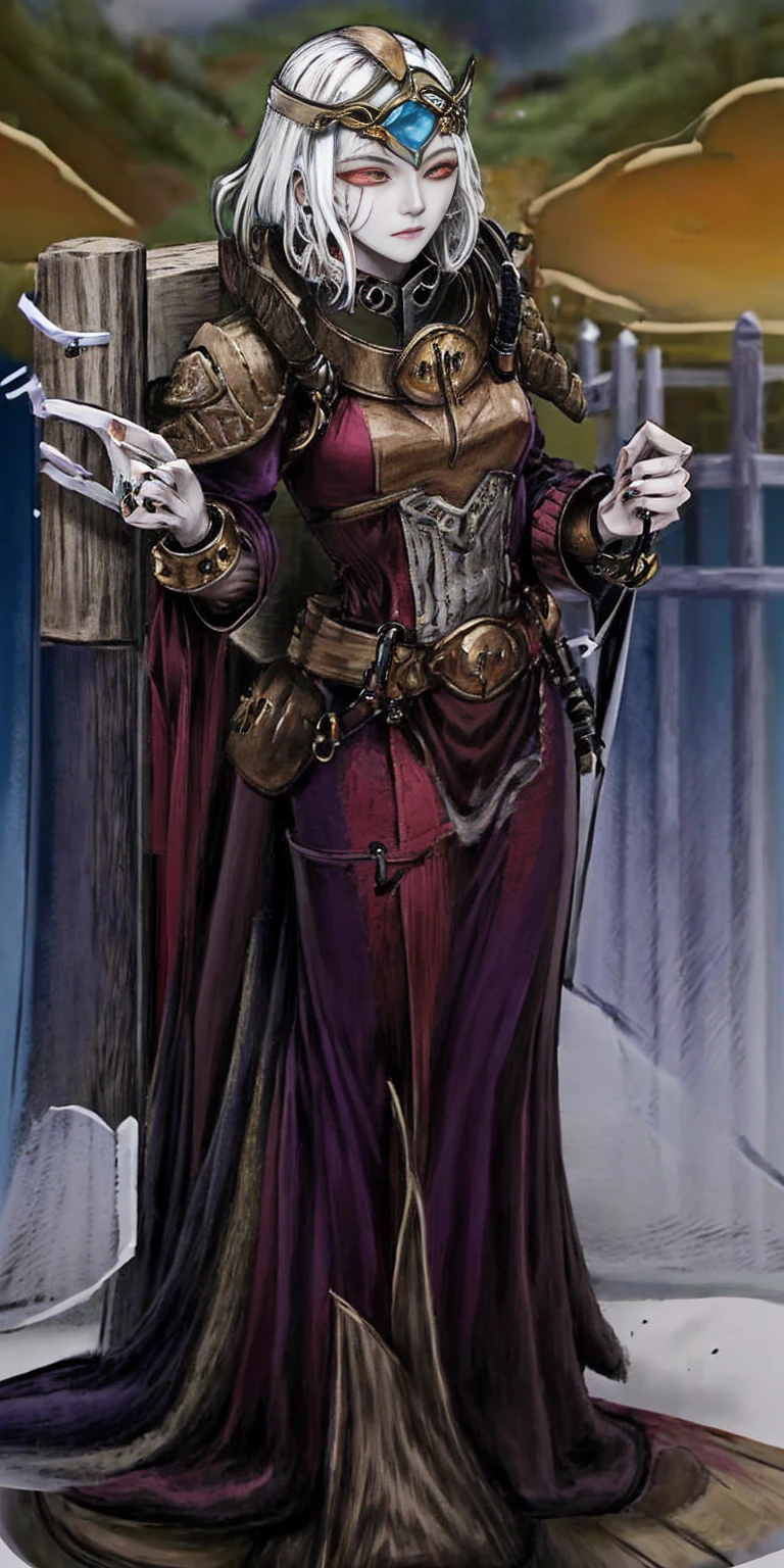 (Masterpiece, best quality, intricate details, 1sologirl) iron collar, arms behind back, iron cuffs, shackles, bound ((standing by wooden pole:1.2)) looking from above happy closed mouth ((Cassia Orsellio)) ((Colored Skin,Red Eyes,White Hair,gem, circlet, jewelry))