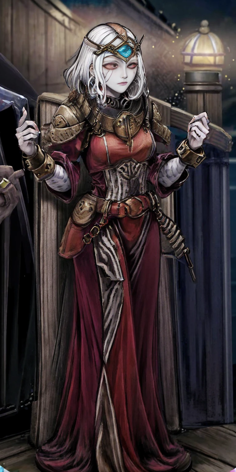 (Masterpiece, best quality, intricate details, 1sologirl) iron collar, arms behind back, iron cuffs, shackles, bound ((standing by wooden pole:1.2)) looking from above happy closed mouth ((Cassia Orsellio)) ((Colored Skin,Red Eyes,White Hair,gem, circlet, jewelry))