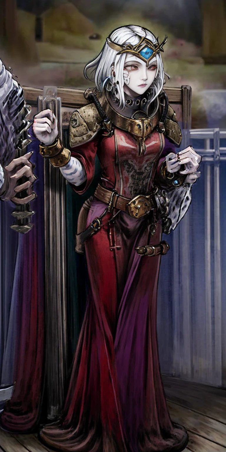 (Masterpiece, best quality, intricate details, 1sologirl) iron collar, arms behind back, iron cuffs, shackles, bound ((standing by wooden pole:1.2)) looking from above happy closed mouth ((Cassia Orsellio)) ((Colored Skin,Red Eyes,White Hair,gem, circlet, jewelry))