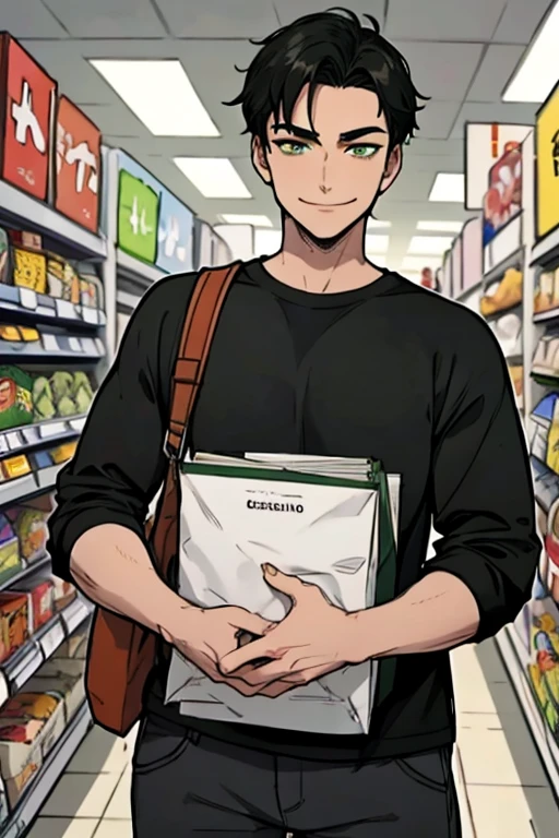 perfect face, perfect hand A black haired man with green eyes in a gothic rolled up shirt and cargo shorts is shopping in the grocery store with a big smile