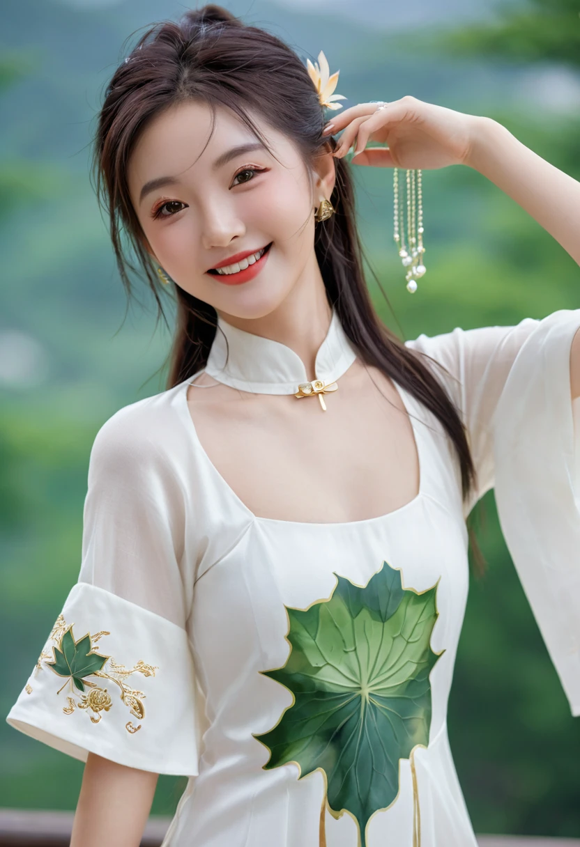 best quality, masterpiece, Ultra-high resolution, (Practical: 1.4), xiuxian, Smile, Shy, belly button, Exquisite makeup, Gorgeous jewelry, Horse Face Dress, Detail face,, 1 girl, White clothes, Lotus print, Maple Leaf Print, Solitary, arms, (Magic Circle: 1.2), xiuxian, 上Half Body, beautiful girl, Half Body, East Asian Architecture, sheath, put up,