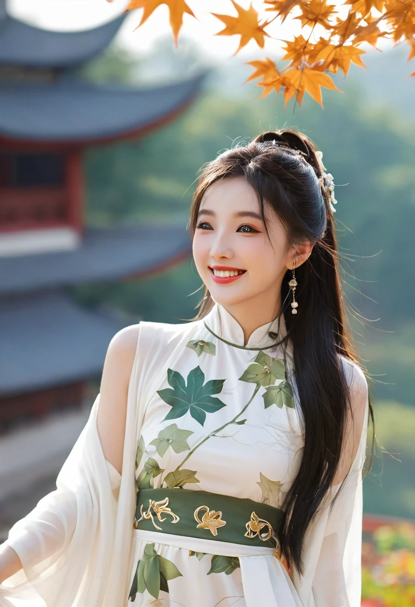 best quality, masterpiece, Ultra-high resolution, (Practical: 1.4), xiuxian, Smile, Shy, belly button, Exquisite makeup, Gorgeous jewelry, Horse Face Dress, Detail face,, 1 girl, White clothes, Lotus print, Maple Leaf Print, Solitary, arms, (Magic Circle: 1.2), xiuxian, 上Half Body, beautiful girl, Half Body, East Asian Architecture, sheath, put up,