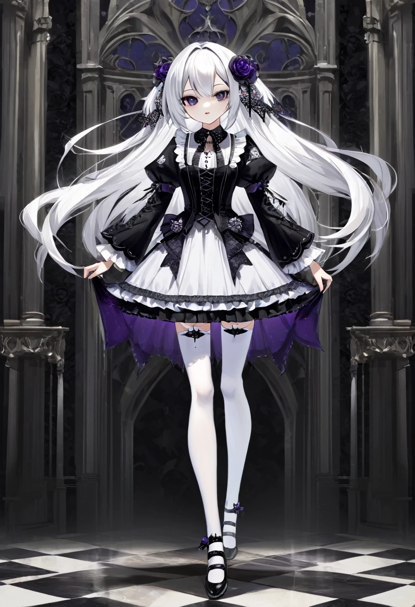 masterpiece, top-quality, ​masterpiece, top-quality,ighly detailed,{top-quality}, {{​masterpiece}}, {hight resolution},original, {extremely delicate and beautiful},​masterpiece, top-quality,ighly detailed,{top-quality},white hair, gothic ta, full body, standing, white thighhighs,