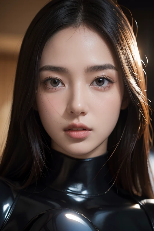 (Raw photo:1.2)、Highest quality、Beautiful detailed girl、Tight bodysuit、Latex bodysuit, Laughter、Highly detailed eyes and face、Beautiful and fine details、Large file size、High resolution、High resolution、8k wallpaper details、Highly detailed Ticker uniform 8K wallpaper、Light on the face、Cinema Lighting、18-year-old girl、Sexy pose、(Photorealism:1.4)、Awareness-raising、Surrealism、 From below、Super Detail、masterpiece