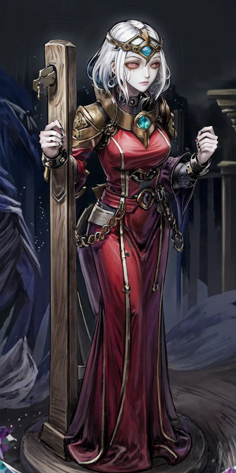 (Masterpiece, best quality, intricate details, 1sologirl) iron collar, arms behind back, iron cuffs, shackles, bound ((standing by wooden pole:1.2)) looking from above happy closed mouth ((Cassia Orsellio)) ((Colored Skin,Red Eyes,White Hair,gem, circlet, jewelry))