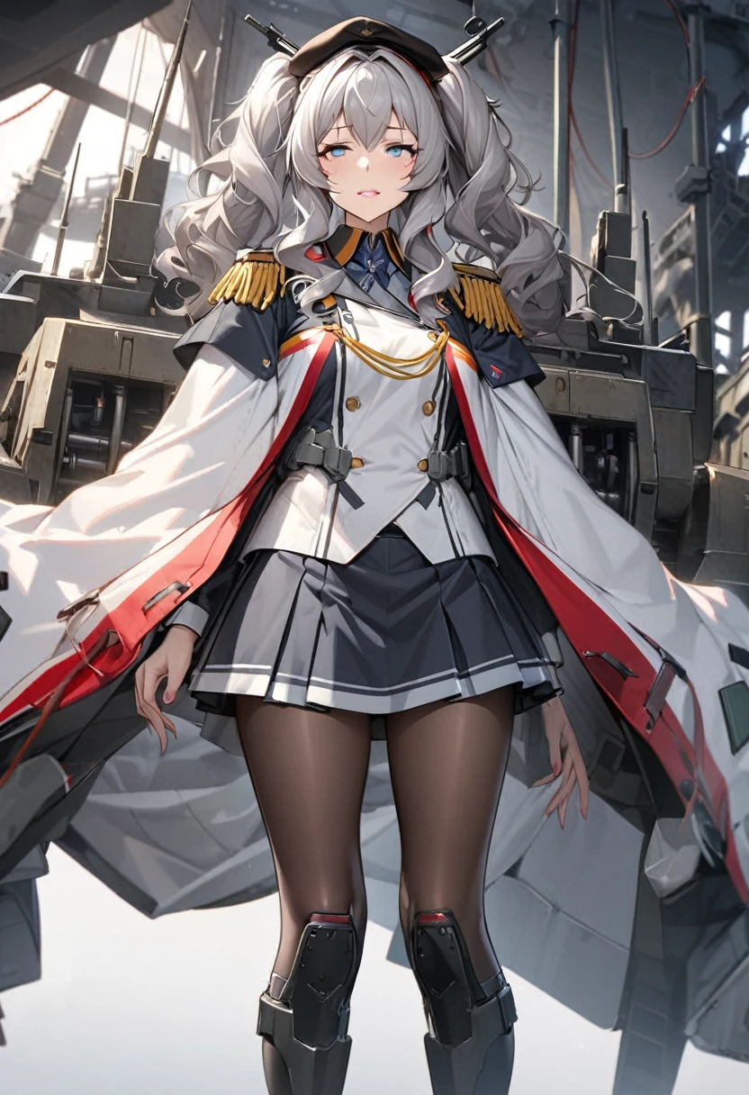 One young beautiful woman,(Highest quality,Extremely detailed depiction,Incredibly absurd high resolution,Anatomically accurate depiction), solo focus, (full body shot:1.1), (kashima /(kancolle/):1.5),Black pleated skirt,Black knee-high socks,Blue Eyes,Loosely wavy silver hair,Medium Hair,Black Beret,Twin tails,White formal uniform with epaulettes,Light pink lipstick,Part your lips,Squint your eyes and laugh