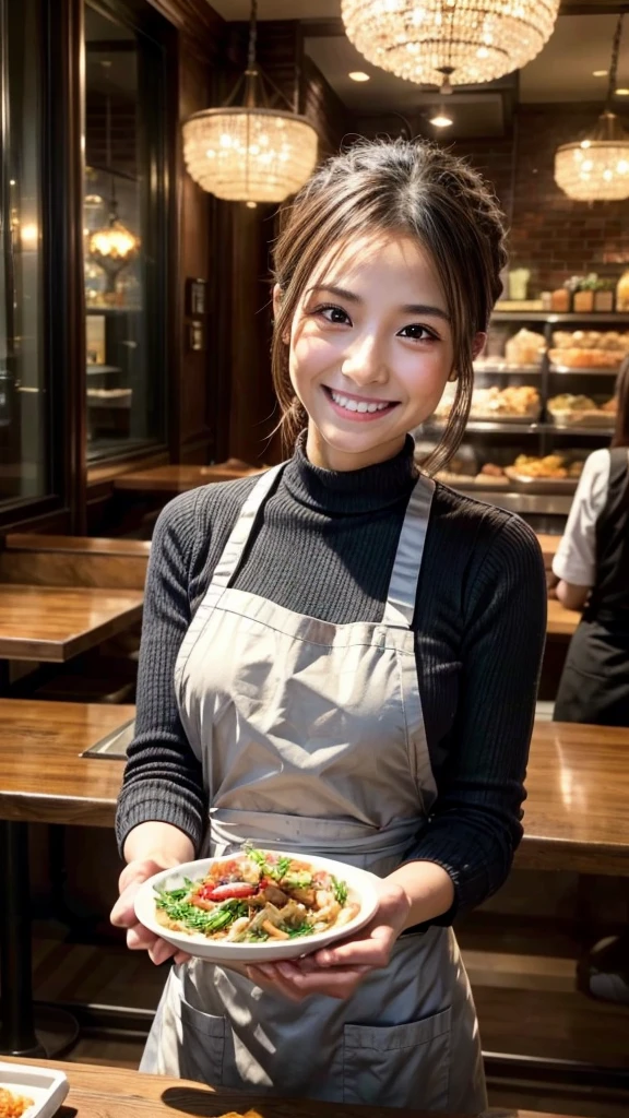 beautiful female fast food worker, smiling while serving ordered food, receiving attention from customers, detailed facial features, cinematic lighting, photorealistic, 8k, hyper detailed, symmetrical composition, warm color tones, natural skin tones, soft focus background, dynamic pose, high fashion apparel, impeccable uniform, confident expression, charming smile, gorgeous eyes, detailed hands, intricate apron design, pristine restaurant setting, gleaming metallic surfaces, realistic reflections, mouthwatering food presentation, immersive atmosphere
