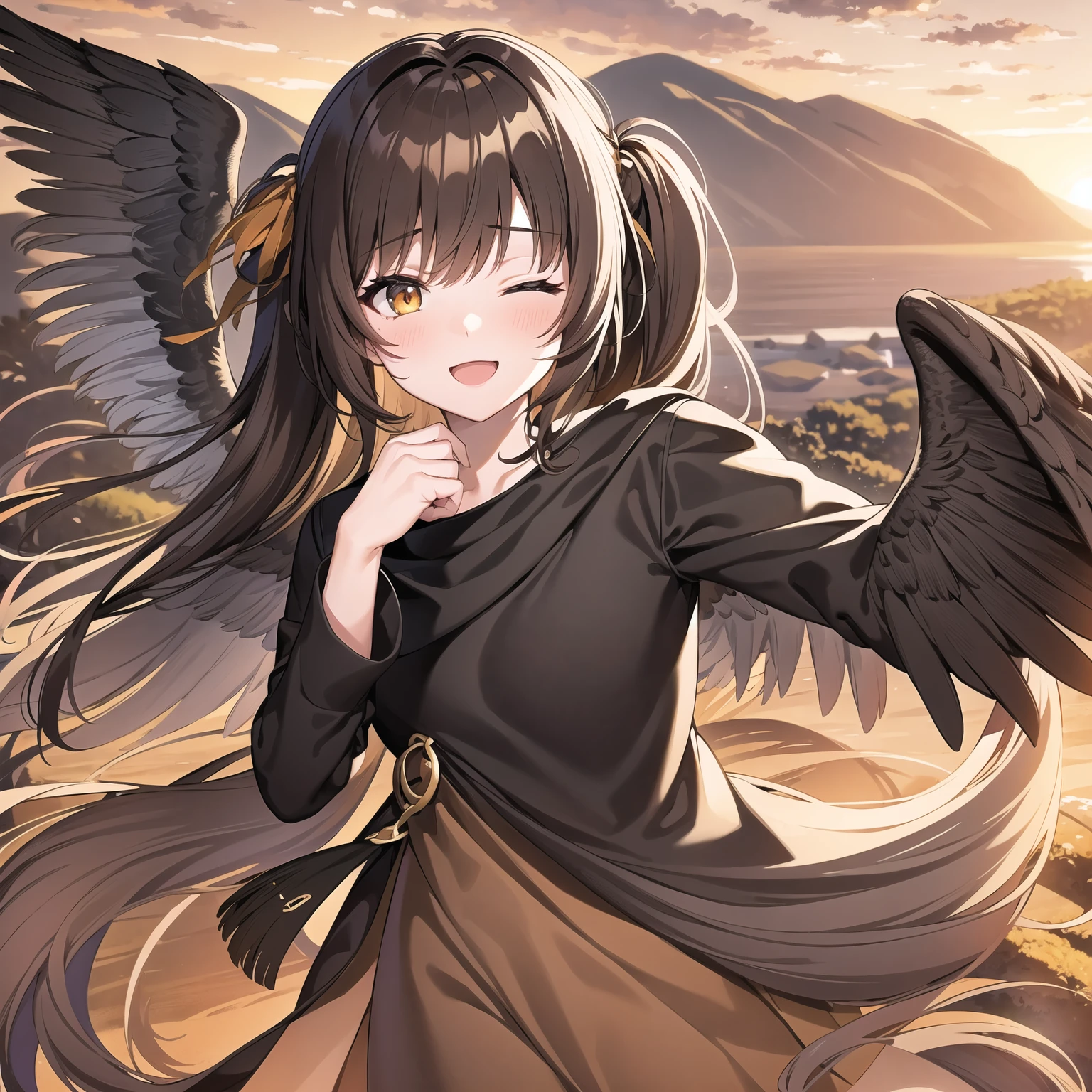 1girl,;d,bird wings,brown eyes,brown hair,twintails,feathered wings,feathers,fox mask,gradient,gradient outdoor, waterfall background,sunset,long sleeves,looking at viewer,mask,mask on head,one eye closed,open mouth,orange sky,short hair,simple background,smile,solo,upper body,wings,yellow eyes