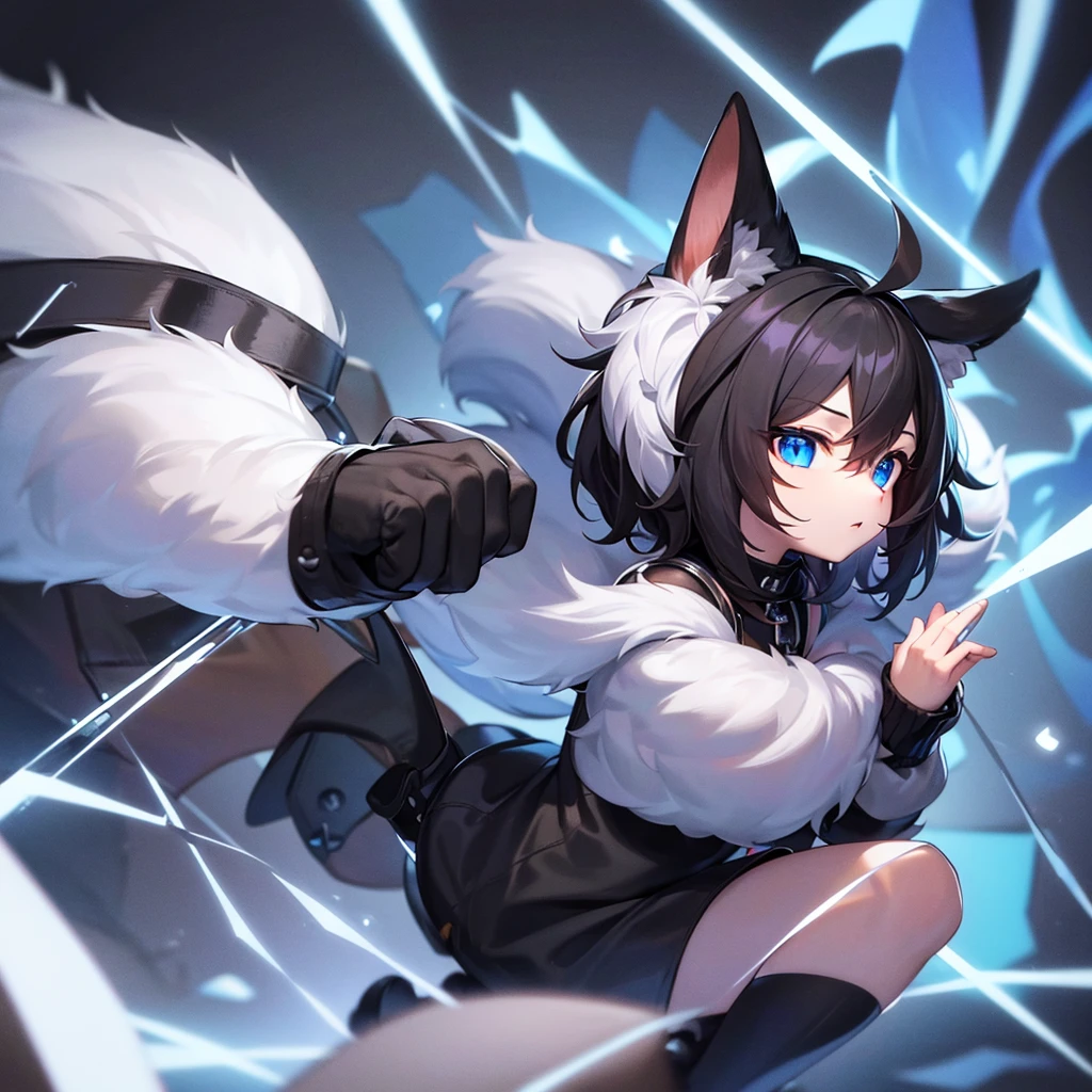 Small and furry boy,but with black cables and blue eyes