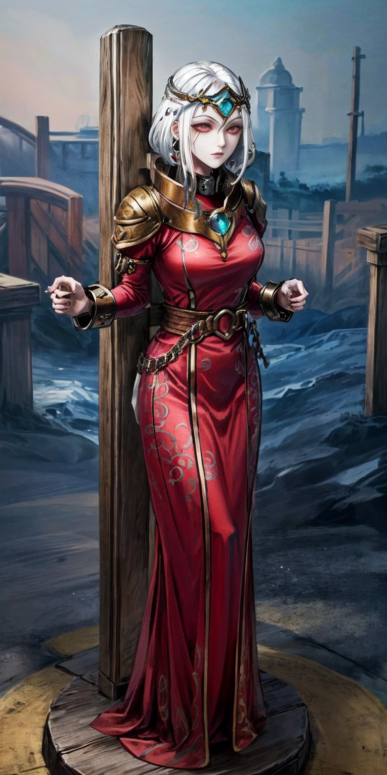 (Masterpiece, best quality, intricate details, 1sologirl) iron collar, arms behind back, iron cuffs, shackles, bound ((standing by wooden pole:1.2)) looking from above happy closed mouth ((Cassia Orsellio)) ((Colored Skin,Red Eyes,White Hair,gem, circlet, jewelry))