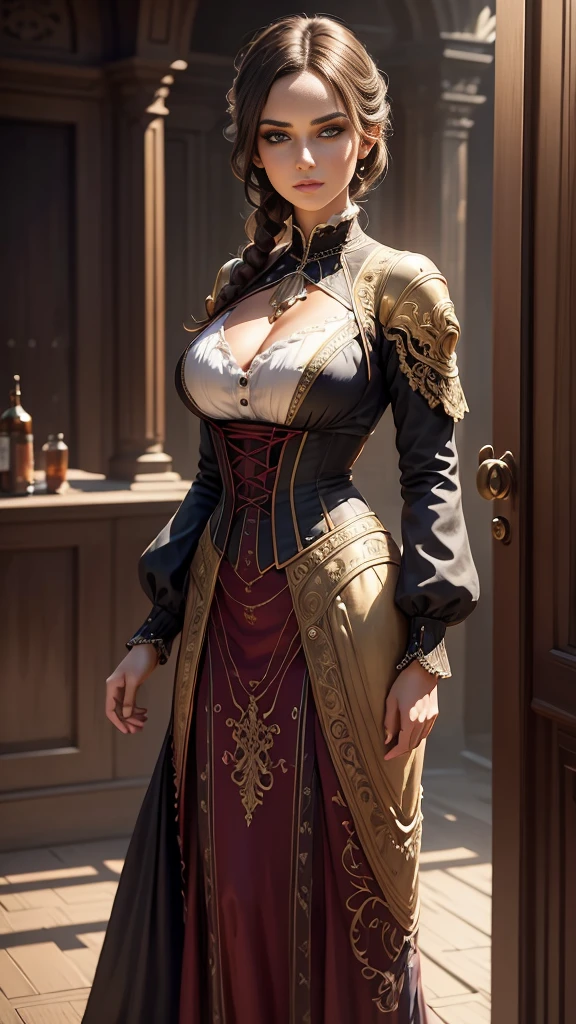 a woman in 1880s dress, a woman in 1980s outfit, a woman in 2180s futuristic outfit, masterpiece, highly detailed, photorealistic, cinematic lighting, dramatic lighting, intricate details, fashion illustration, oil painting, studio lighting, ultra-detailed