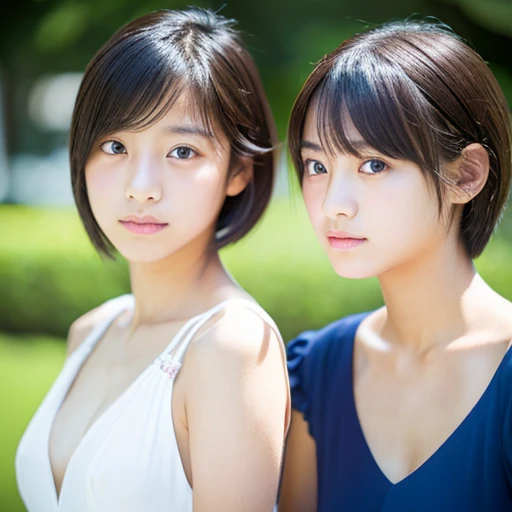 lens: 135mm f1.8,(Highest quality),(Tabletop:1.1), (Beautiful Japanese identical twin sisters), (They have moist lips), (They have narrow eyes, double eyelid,Delicate clavicle,Flat Chest,Very short hair)