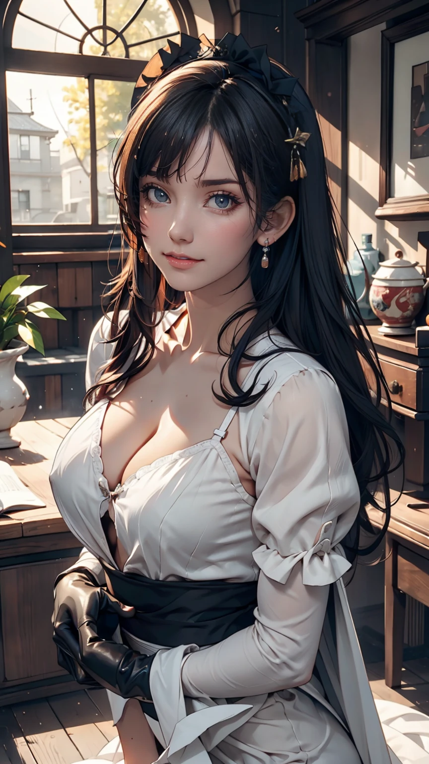 Korean,Realistic, masterpiece, Final details, photo Realistic, Exquisite detail, Octane Rendering, 8K, One girl, Perfect face, Beautiful Face, nswf Japanese, Trough Reference, Hair Details,, black bow, black gloves, Black Legs, blue eyes, Blue Hair, bow, clavicle, dress, Drill Hair, Frills, Frills, gloves, Gwen, headdress, High resolution, Long Hair, Part your lips, Puffy sleeves, Purple eyes, smile, alone, white dress, Oilskin,Sexy proportions、mature female body、erotic、adult、White inner color、