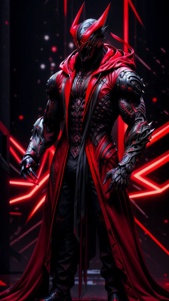 a man in a red jacket and black pants standing in a dark room, wearing cultist red robe, crimson attire, character from mortal kombat, as a character in tekken, fighting game character, cyberpunk assassin, red hooded mage, cyberpunk outfits, crimson clothes, the red ninja, wearing leather assassin armor, an edgy teen assassin, cool red jacket, cyberpunk street goon