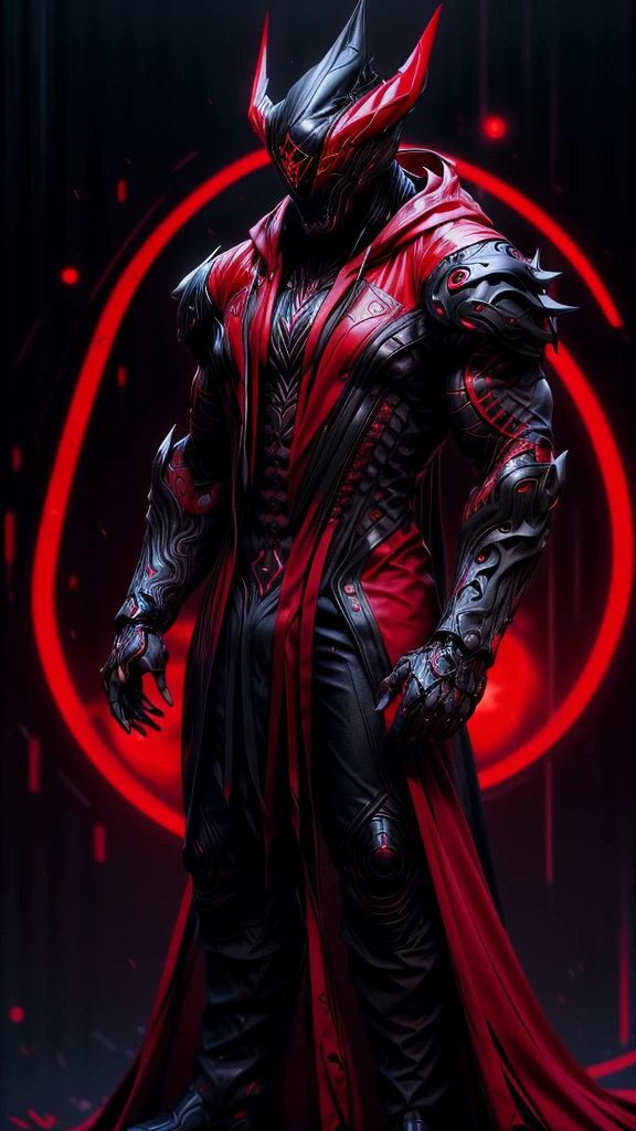 a man in a red jacket and black pants standing in a dark room, wearing cultist red robe, crimson attire, character from mortal kombat, as a character in tekken, fighting game character, cyberpunk assassin, red hooded mage, cyberpunk outfits, crimson clothes, the red ninja, wearing leather assassin armor, an edgy assassin, cool red jacket, cyberpunk street goon