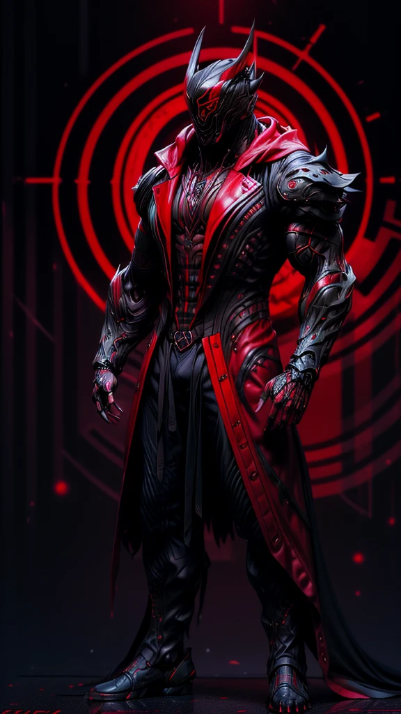 a man in a red jacket and black pants standing in a dark room, wearing cultist red robe, crimson attire, character from mortal kombat, as a character in tekken, fighting game character, cyberpunk assassin, red hooded mage, cyberpunk outfits, crimson clothes, the red ninja, wearing leather assassin armor, an edgy  assassin, cool red jacket, cyberpunk street goon