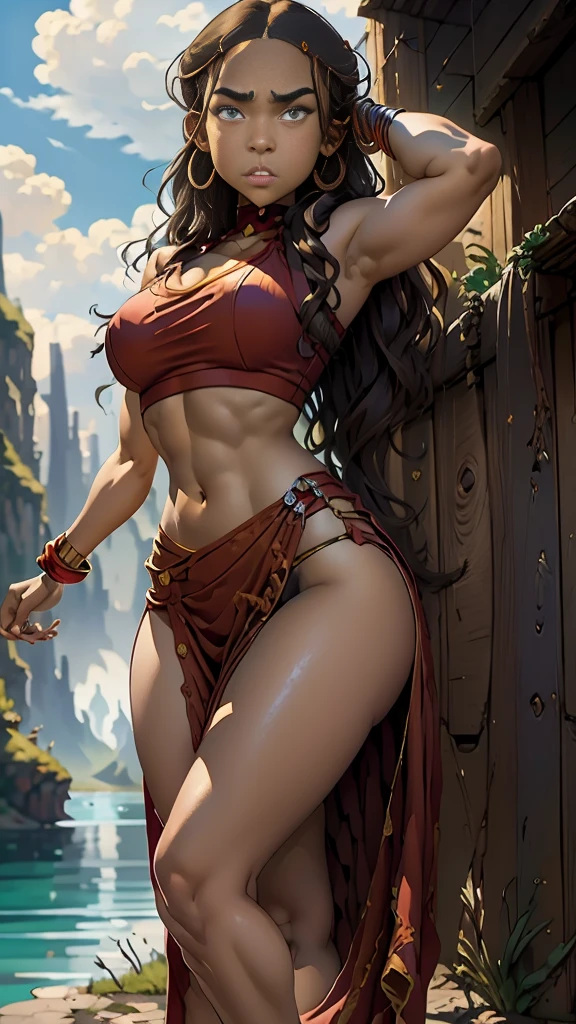 masterpiece, best quality, highres, highest quality, absurdres, kataras3, dark skin, traditional media, (painting \(medium\)), bracelet, long hair, brown hair, crop top, midriff, navel, sharp expressive eyes, perfect face, wide hips, thick lineart, atmospheric lighting, smooth, beautifully detailed riverbank background, cinematic composition, Joe Madureira, red clothing,