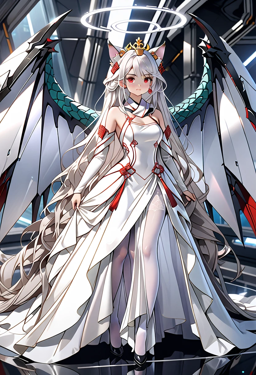 masterpiece, highest quality, highest resolution, clear_image, photo realistic, detailed details, White hair, long hair, cat ears, 1 girl, red eyes, imperial wedding dress, white pantyhose, white scarf (around the neck), gray futuristic halo, futuristic dragon wings, beautiful, full body, no water marks, laboratory, no extra limps, no extra body
