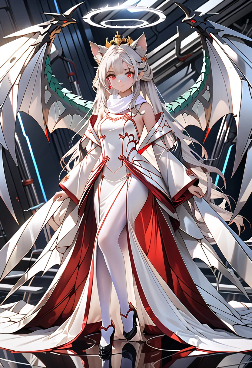 masterpiece, highest quality, highest resolution, clear_image, photo realistic, detailed details, White hair, long hair, cat ears, 1 girl, red eyes, imperial wedding dress, white pantyhose, white scarf (around the neck), gray futuristic halo, futuristic dragon wings, beautiful, full body, no water marks, laboratory, no extra limps, no extra body