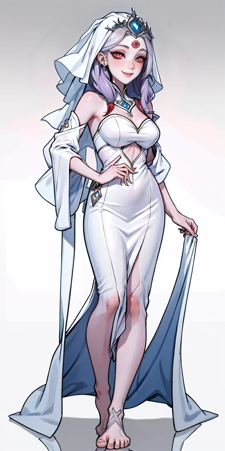 Body position: Standing, straight, symmetrical, barefoot, Lustful smile on face with red blush, 2 girls like Cassia Orsellio white pale skin with red eyes who gets married and stands in front of many people, nsfw, kissing