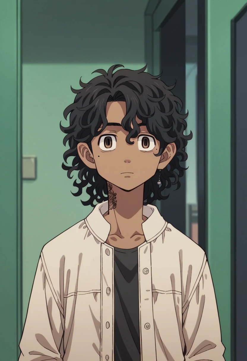 young woman. Dark skin. Dark brown almost black hair. curly hair. Brown eyes. slanted eyes. mole on right cheek. attractive. he would be. Casual clothes. 