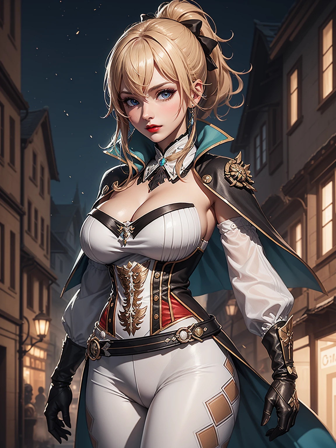 Masterpiece, ultra detail, high quality, 8k cg, jeanfavonian, blush, bright eyes, detail face, dynamic poses,night mondstadt city view background, looking at viewer, huge breast, super detailed, red lip, make up,
