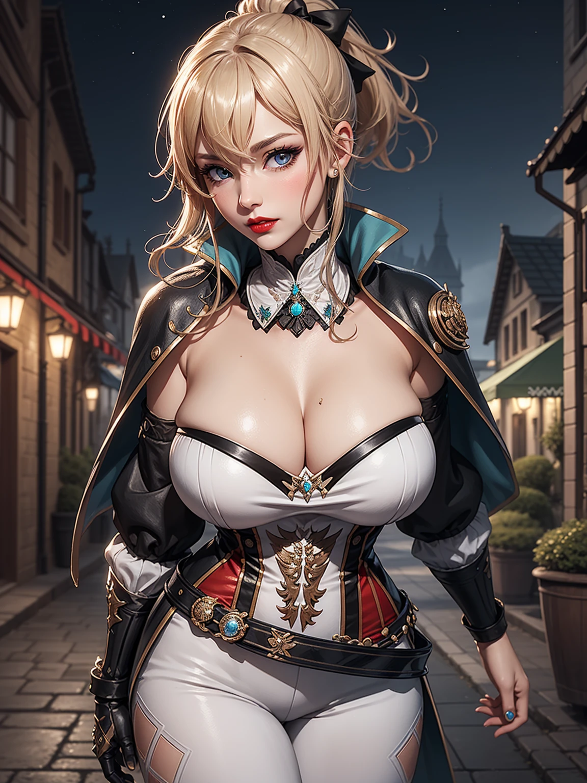 Masterpiece, ultra detail, high quality, 8k cg, jeanfavonian, blush, bright eyes, detail face, dynamic poses,night mondstadt city view background, looking at viewer, huge breast, super detailed, red lip, make up,