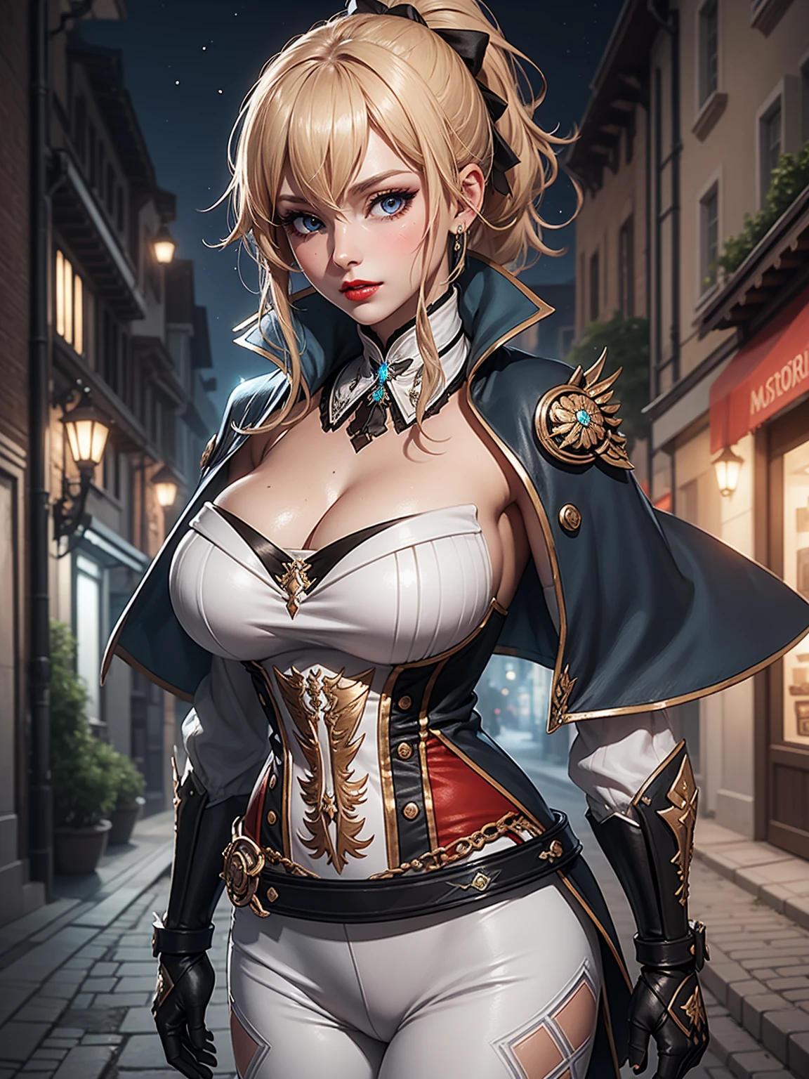 Masterpiece, ultra detail, high quality, 8k cg, jeanfavonian, blush, bright eyes, detail face, dynamic poses,night mondstadt city view background, looking at viewer, huge , super detailed, red lip, make up,