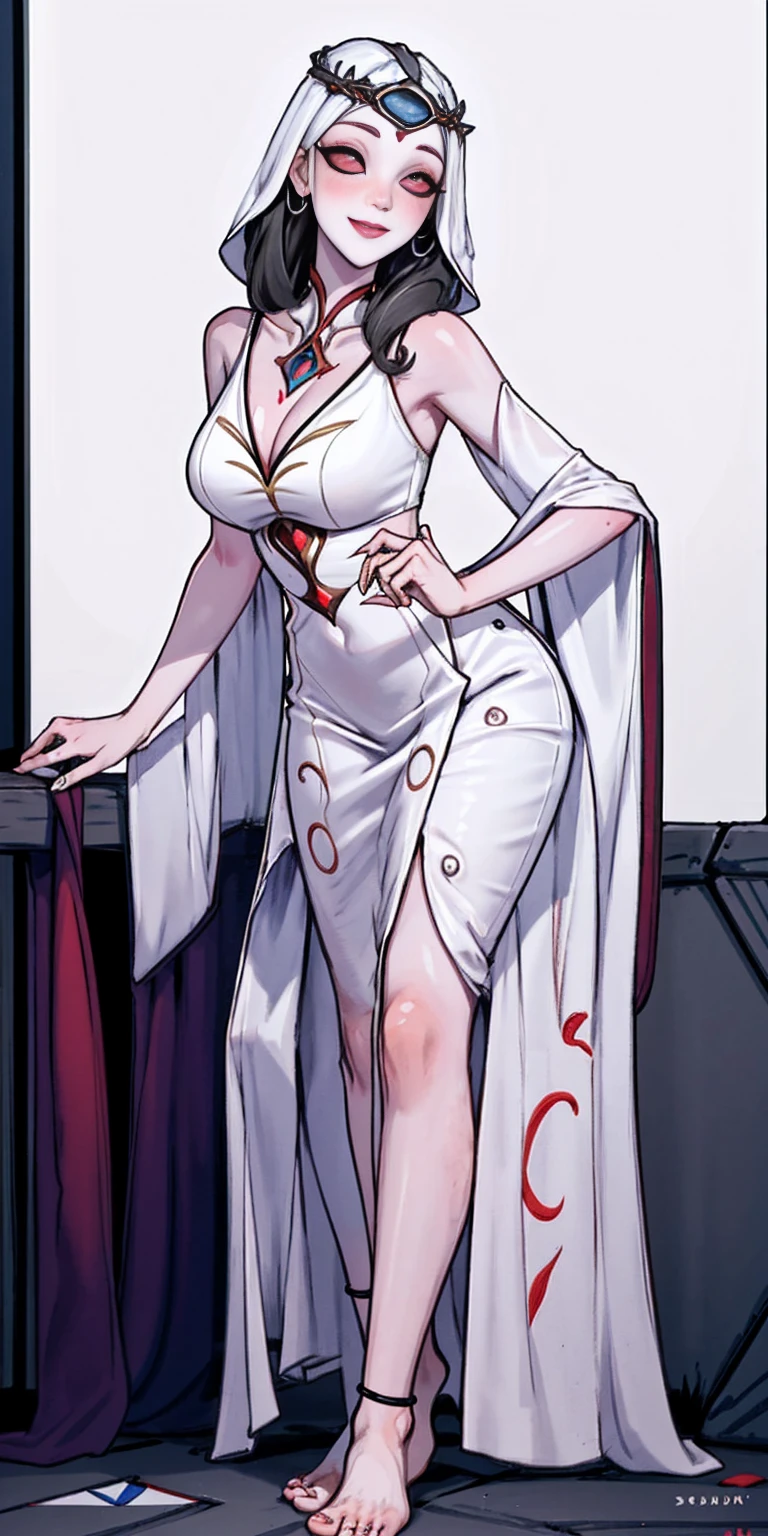 Body position: Standing, straight, symmetrical, barefoot, Lustful smile on face with red blush, 2 girls like Cassia Orsellio white pale skin with red eyes who gets married and stands in front of many people, nsfw, kissing