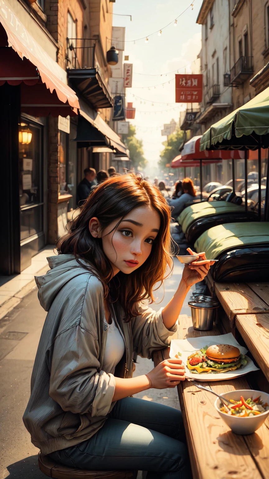 plano general, whole body,fast food vendor:1.5., idyllic, magical scene, beautiful restaurant with diners, (Best Quality, 4k, 8k, high resolution, Masterpiece:1.2), ultra detailed, (realist, photorealist, photo-realist:1.37), warm lighting, vibrant colors, soft focus, Dreamer, cozy, adorable, beautiful, capricious, elegant, charming, sereno, peaceful, innocent, comforter, imaginative