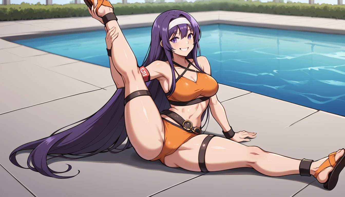 summer mia, purple long hair, orange bikini,armband,wristband,thigh strap,belt,sandals, One girl, An athletic body, Sitting, On the floor, Split Horizon, stretch, horizontal splits, smile, stretch regs, poolside, hands on floor