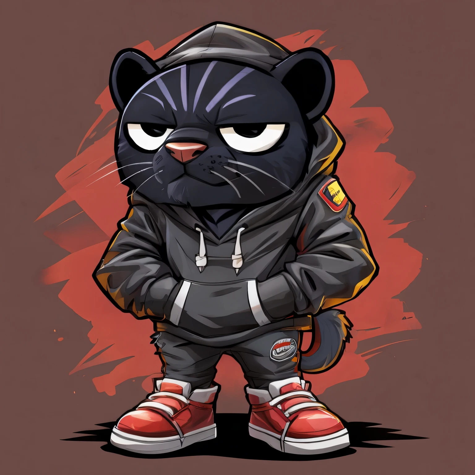A cool Black Leopard wearing black hoodie, hands in pockets, black pants, black sneaker