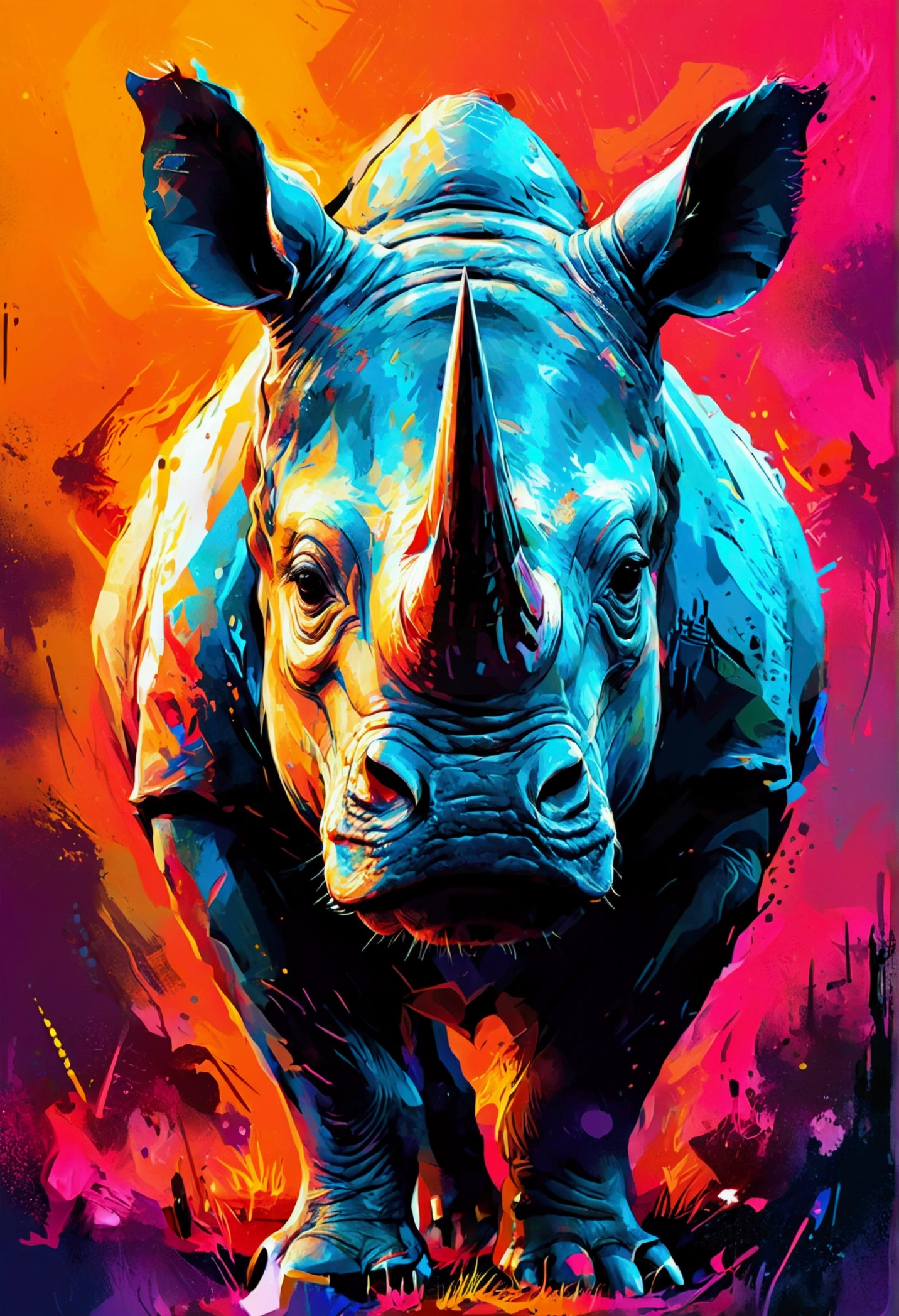 a rhino, expressionism, two-dimensional illustration, dark tones, magical realism, synthwave:: t-shirt vector, center composition graphic design, plain background::2 mockup::-2 --upbeta --ar 1:1