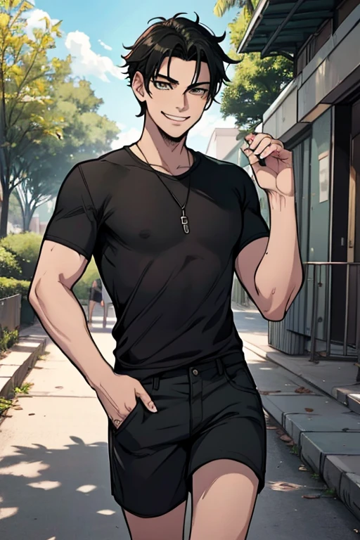 perfect face, perfect hand A black haired man with green eyes in a gothic rolled up shirt and cargo shorts is walking into a park with a big smile